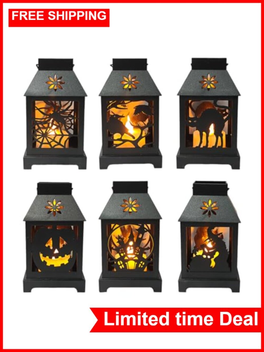 Set of 6 Halloween LED Mini Lanterns, PVC Plastic Hanging Decor